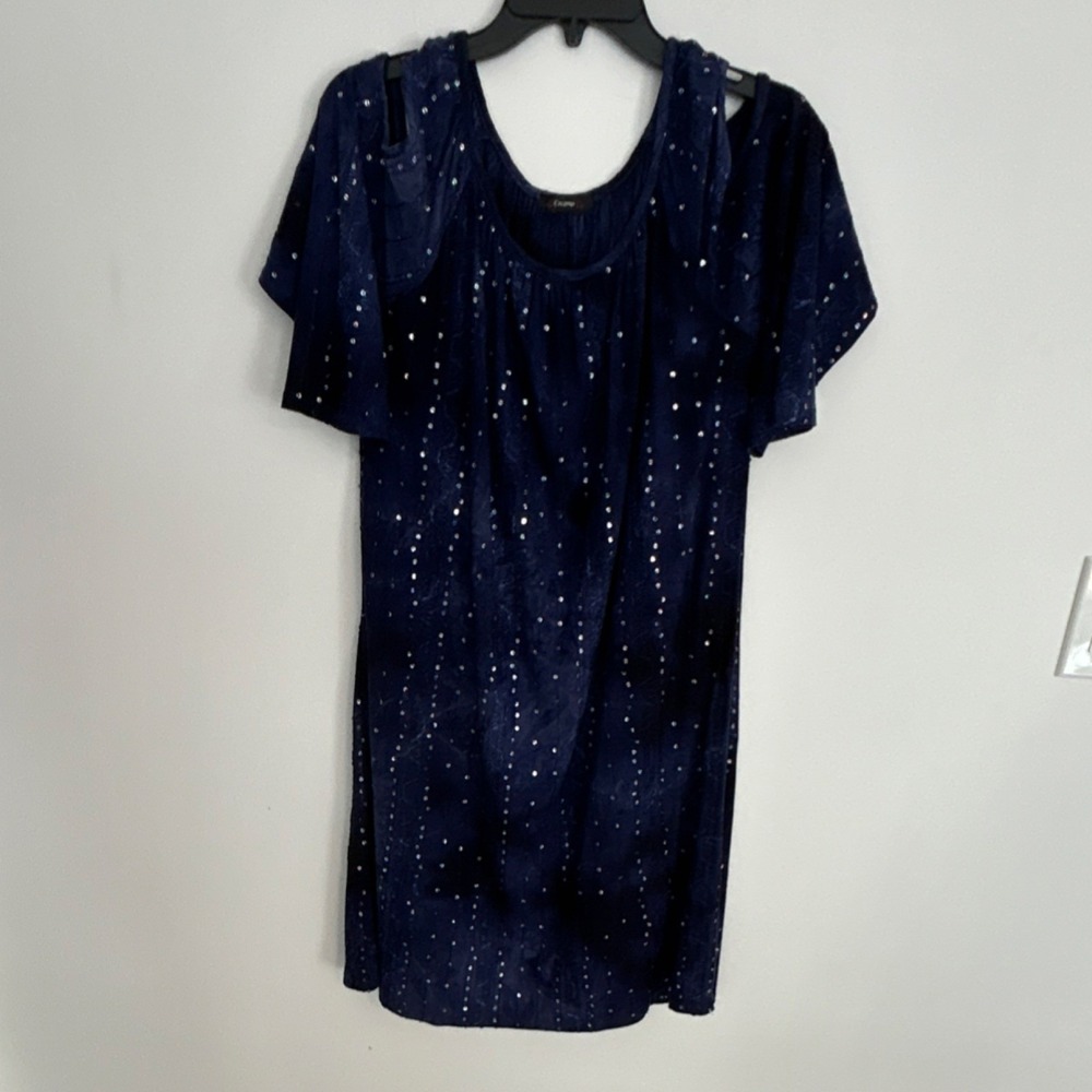Cocomo Sequin Cold Shoulder Knee Length Dress Scoop Neck Navy Blue Tie Dye